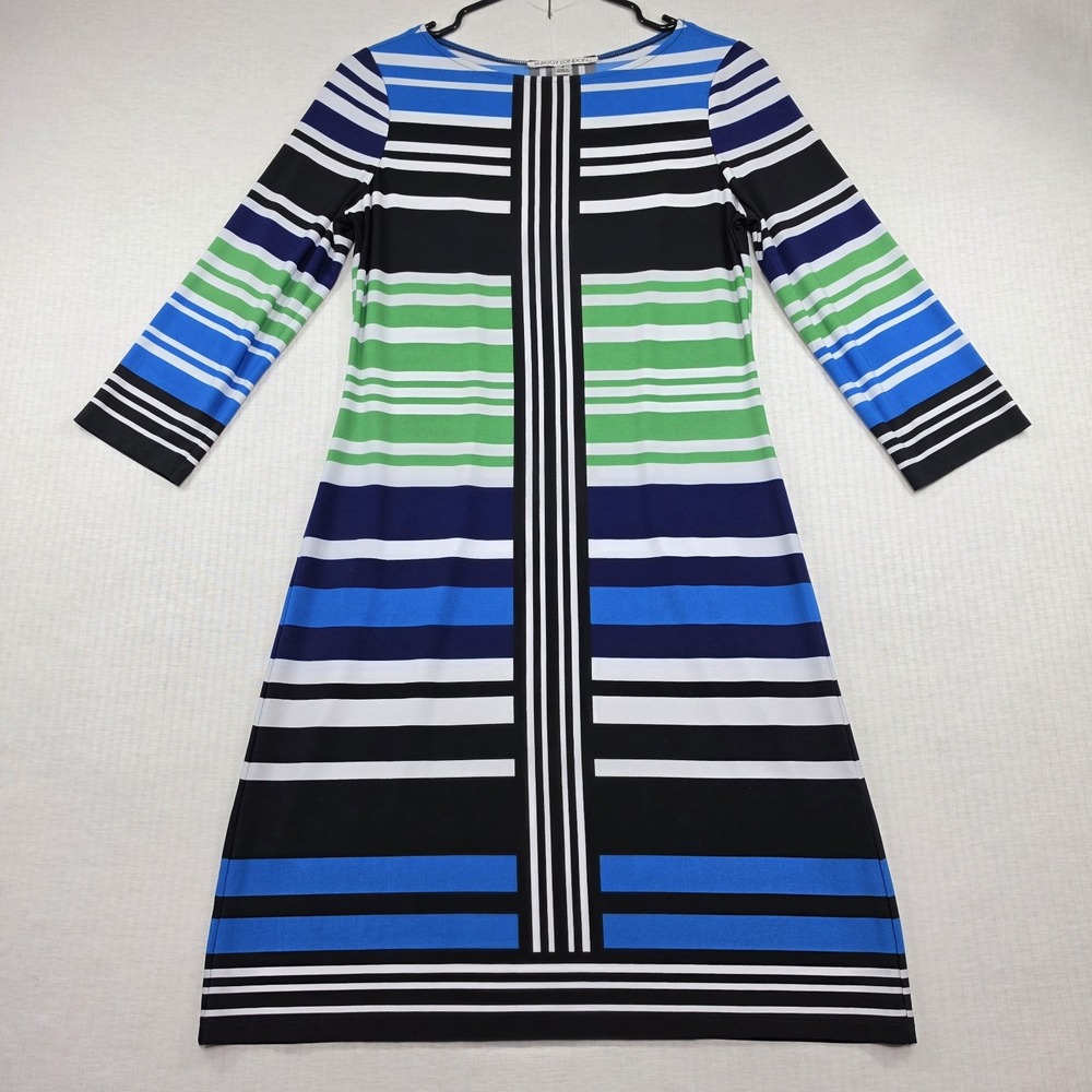 NWOT Maggy London V Neck Sleeveless Watercolor Stripe Midi Maxi Dress Sz 4 Poly